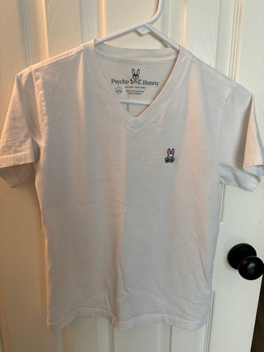 Psycho Bunny White V-Neck Tee with Pink & Black Logo- Boys Large (14/16)